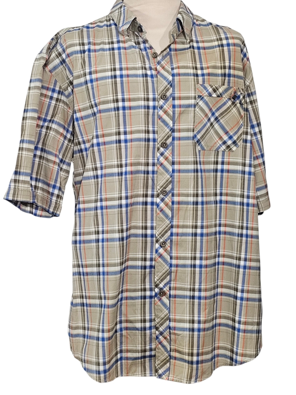 ENY CE Men's Short-Sleeve Plaid Button-Up Shirt - Beige/Blue